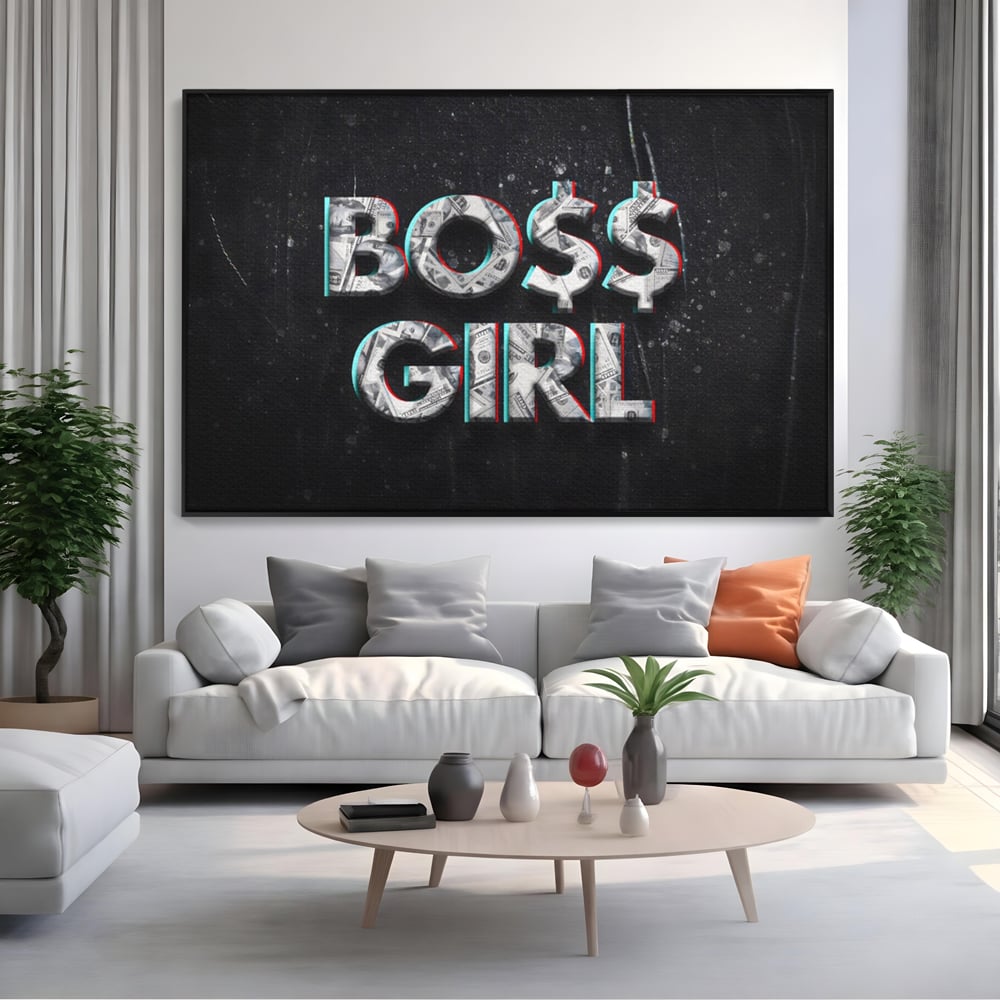 Tablou canvas cu tablou canvas motivant boss girl, in rama de aluminiu negru, pe perete intr-un living